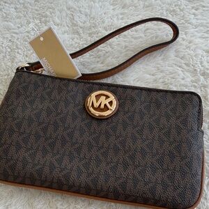 Michael Kors Dark Brown Wristlet with Gold Logo